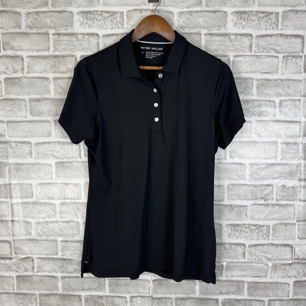 Peter Millar Womens Solid Black Performance Golf Polo Shirt UPF 50+ Size Large